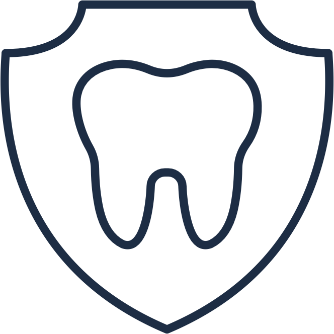Line illustration of a tooth outline in the middle of a shield
