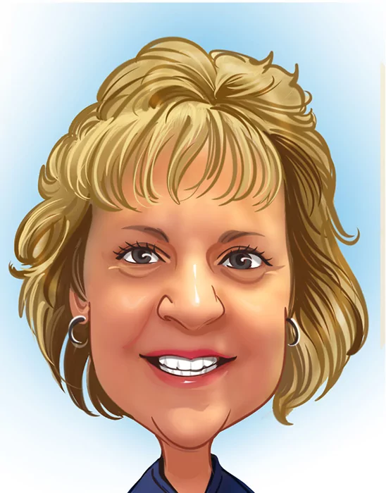 A cartoon-style illustration of a person with voluminous blonde hair styled in loose waves, wearing hoop earrings and a dark-colored shirt. The background features a light blue gradient, complementing the bold and expressive lines of the caricature.
