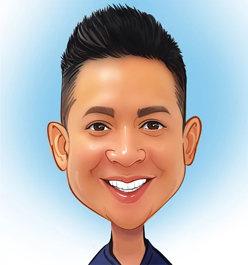 A cartoon-style illustration of a person with short, dark hair styled upwards in a slightly spiked fashion, wearing a dark-colored shirt. The light blue gradient background adds a soft and balanced effect to the image.