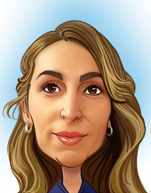 A cartoon-style illustration of a character with long, wavy, light brown hair, wearing a blue shirt and a pearl earring on their left ear. The background has a soft gradient transitioning from light blue to white.