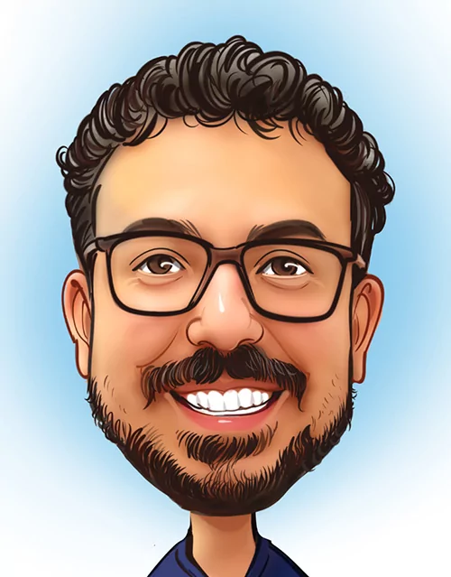 A cartoon-style illustration of a person with curly hair and large ears, wearing a dark blue shirt. The background features a soft light blue gradient, enhancing the stylized, exaggerated features.