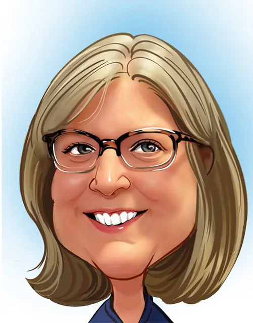 A cartoon-style illustration of a person with blonde hair styled in a bob cut, parted in the middle, wearing a dark-colored top. The background features a soft light blue gradient, complementing the exaggerated features of the caricature.