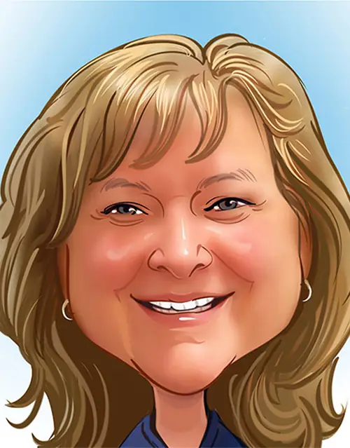 A cartoon-style illustration of a person with light brown wavy hair, wearing a blue shirt and a small hoop earring. The background transitions from light blue to white, creating a soft and pleasant effect.