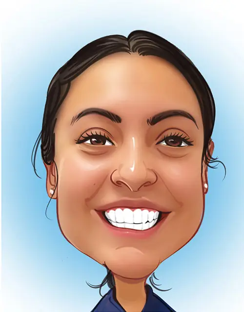 A caricature-style portrait of a person with dark hair, wearing earrings and a blue shirt. The exaggerated features and cartoon-like shading give the image a playful, stylized appearance against a light blue gradient background.