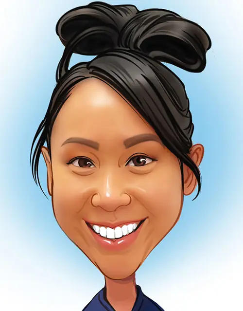 A cartoon-style illustration of a person with dark hair tied in a high bun, wearing a dark-colored top. The background has a smooth gradient of light blue, complementing the stylized and exaggerated features.