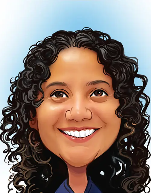 A cartoon-style illustration of a person with voluminous, tight dark curls cascading around their face, wearing a dark blue shirt. The light blue gradient background contrasts softly with the rich texture of the hair.