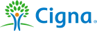 Logo of Cigna, a global health services company, featuring a stylized tree with green leaves, a blue trunk resembling a person, and an orange circle at the top, with 'Cigna' in bold blue font to the right.